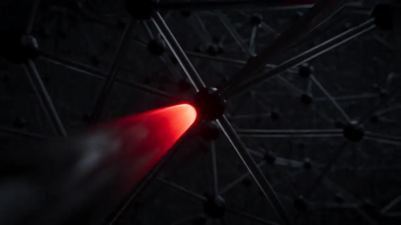Still from the ADS brand film: an agent handing work to another agent as a signal passed between structures.
